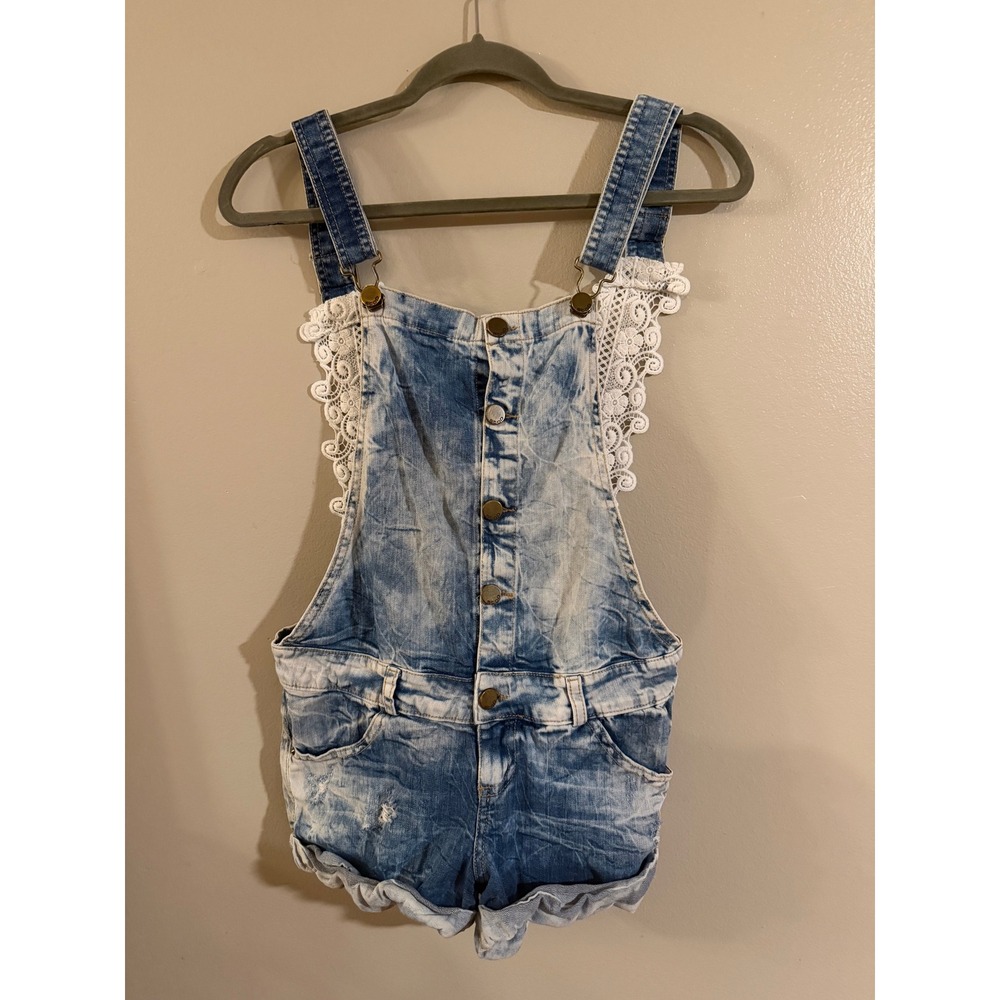 Stop Acid Wash Denim Lace Trim Shortalls Womens Blue Button Front Overalls